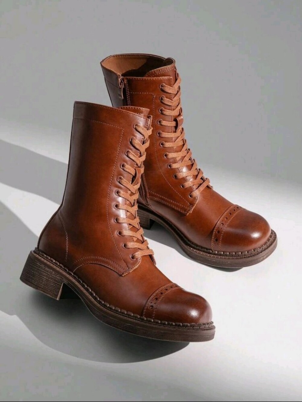 Women's Mid-Calf Boots Fashion Motorcycle Boots Square Toe Lace-Up - Picture 4 of 6